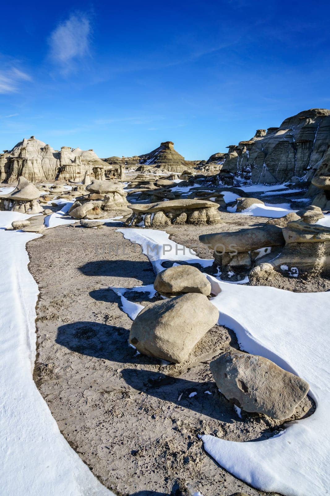 Scenic view of Bisti De-Na-Zin Wilderness area in New Mexico in winter