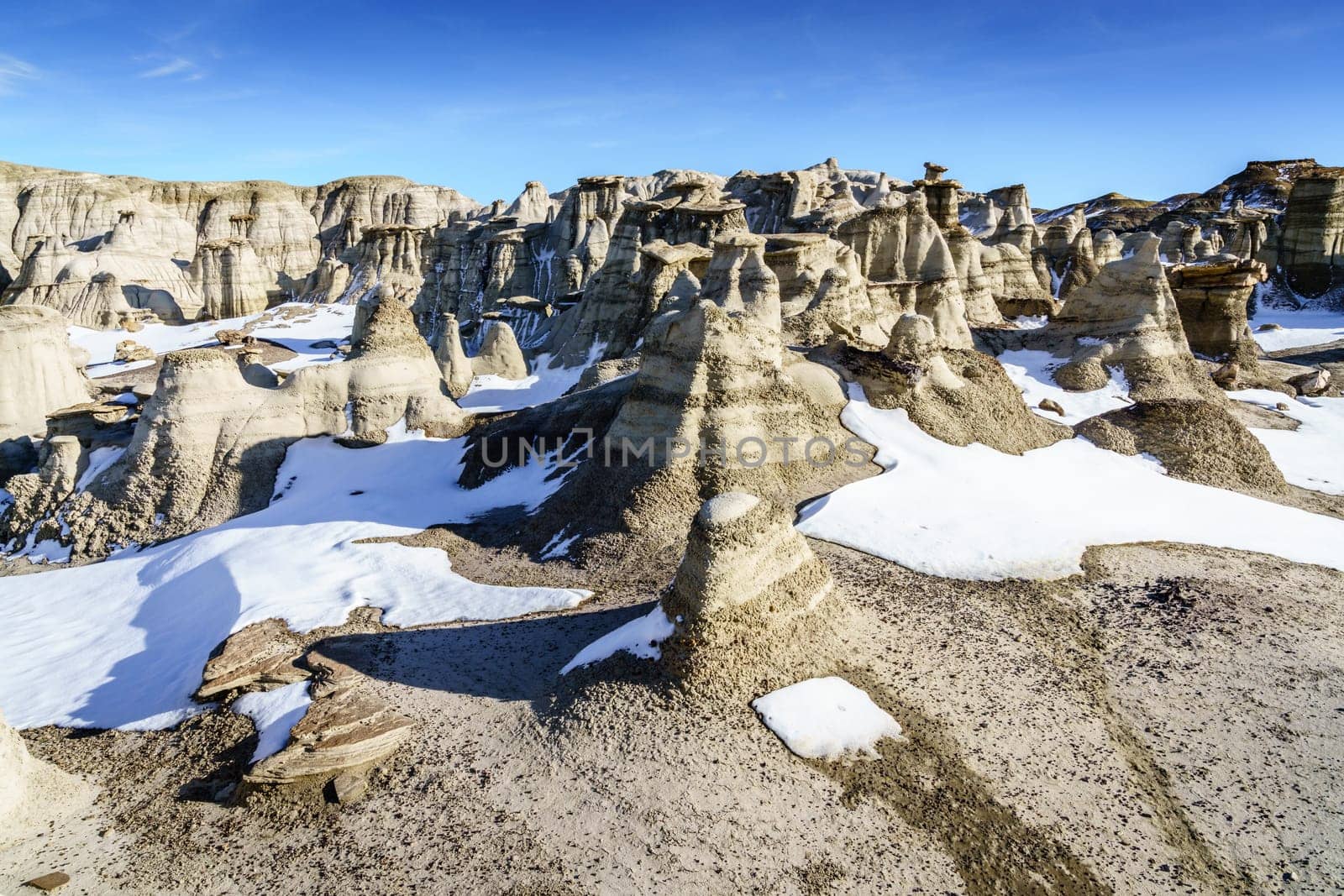 Scenic view of Bisti De-Na-Zin Wilderness area in New Mexico in winter