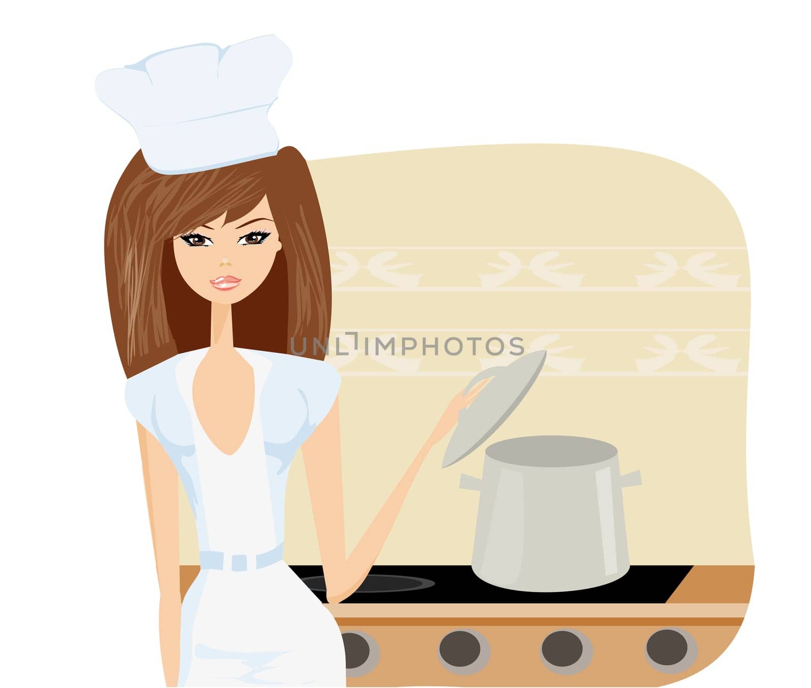 Beautiful lady cooking soup in the kitchen