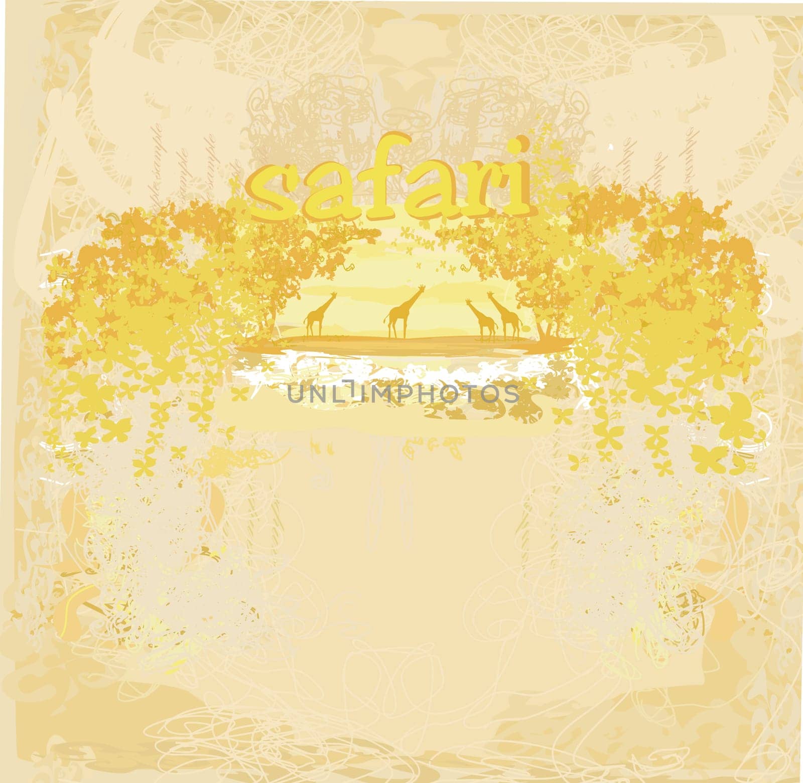 grunge background with giraffe silhouette on African fauna and flora