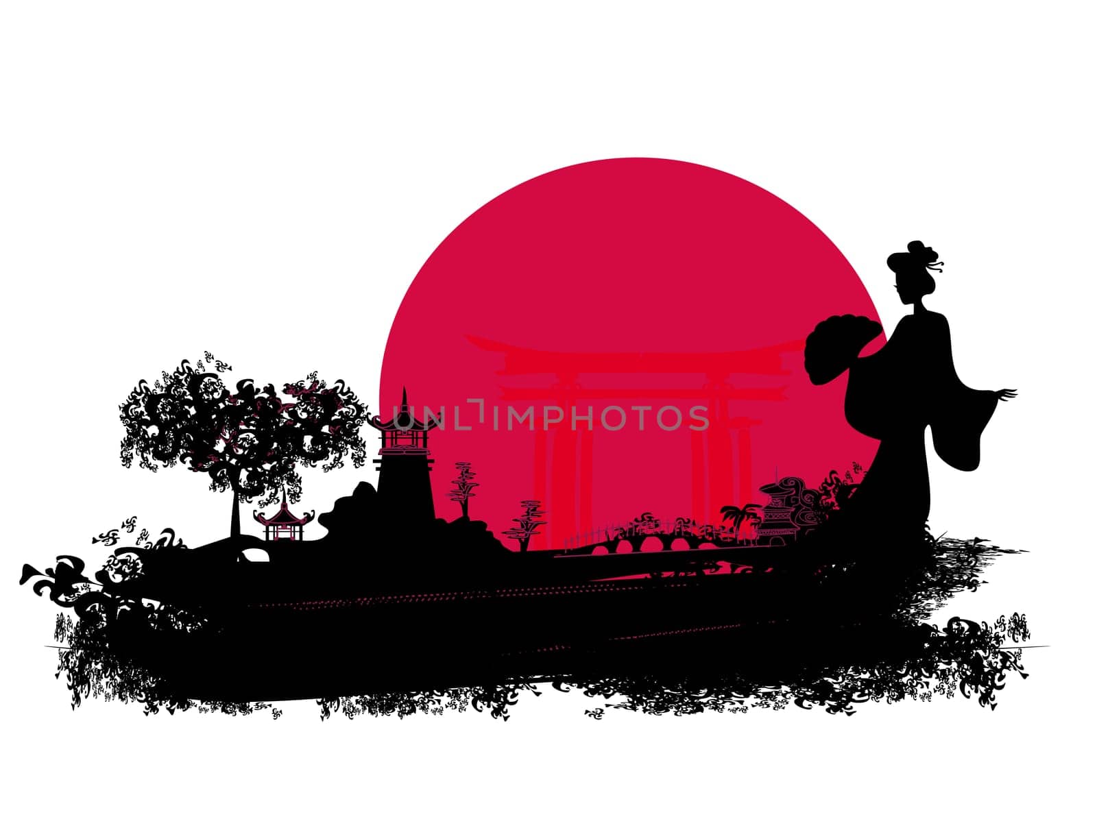 abstract Asian Landscape with geisha silhouette card