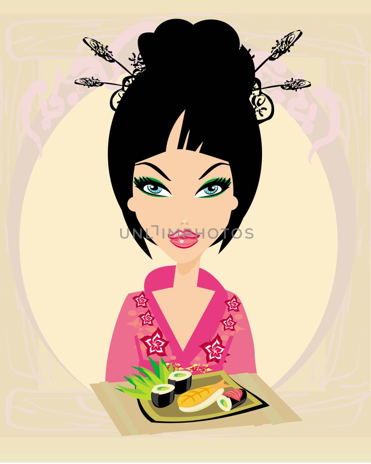 beautiful Asian girl enjoy sushi