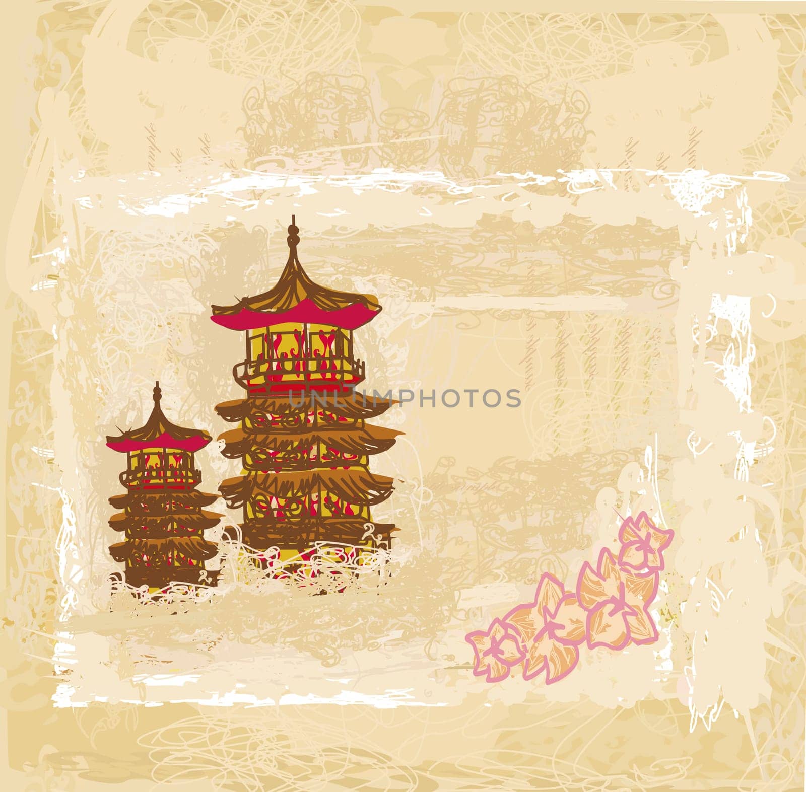 old paper with Japanese temple on abstract Asian Landscape