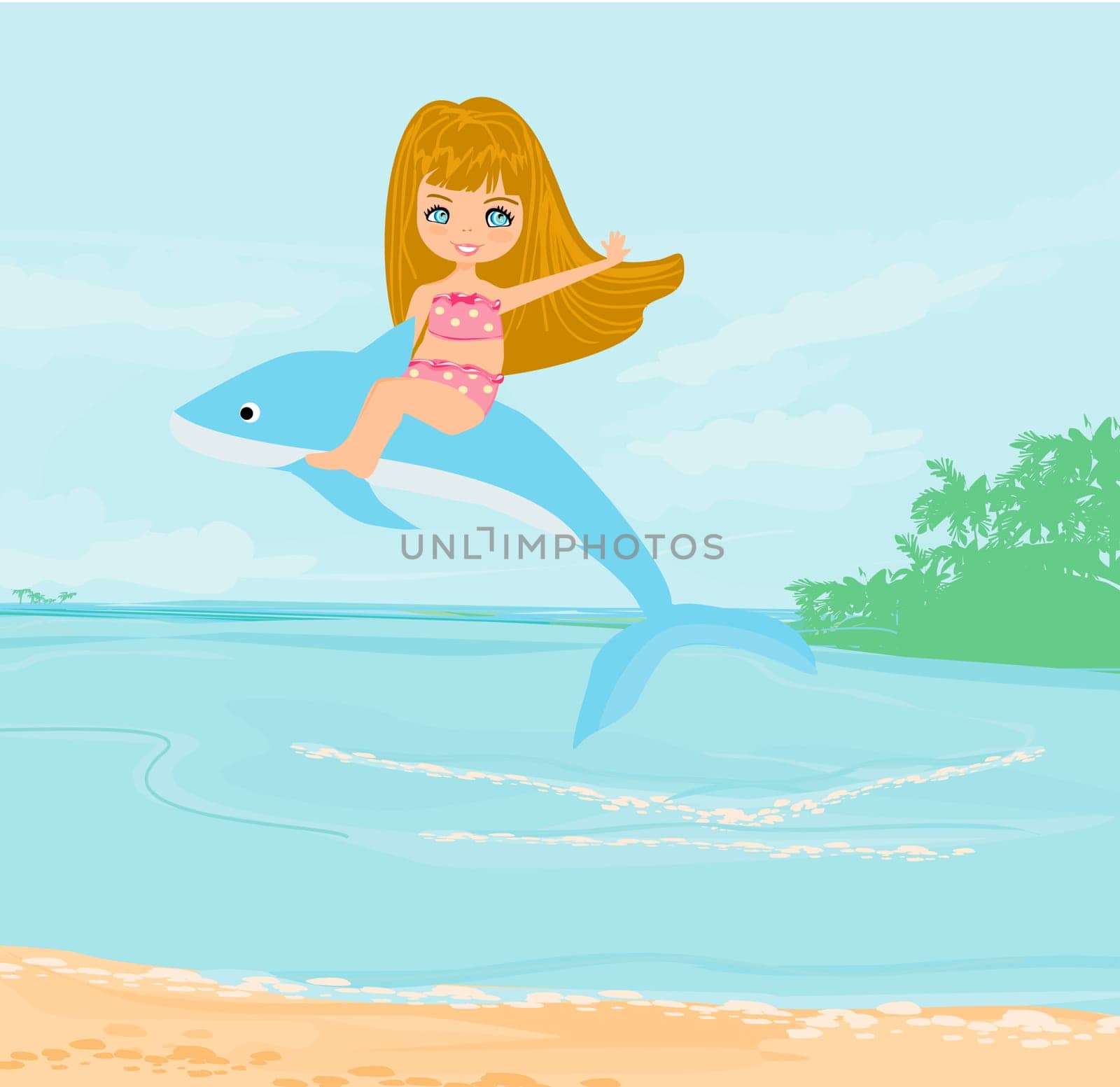 cute girl is riding a dolphin on sea landscape