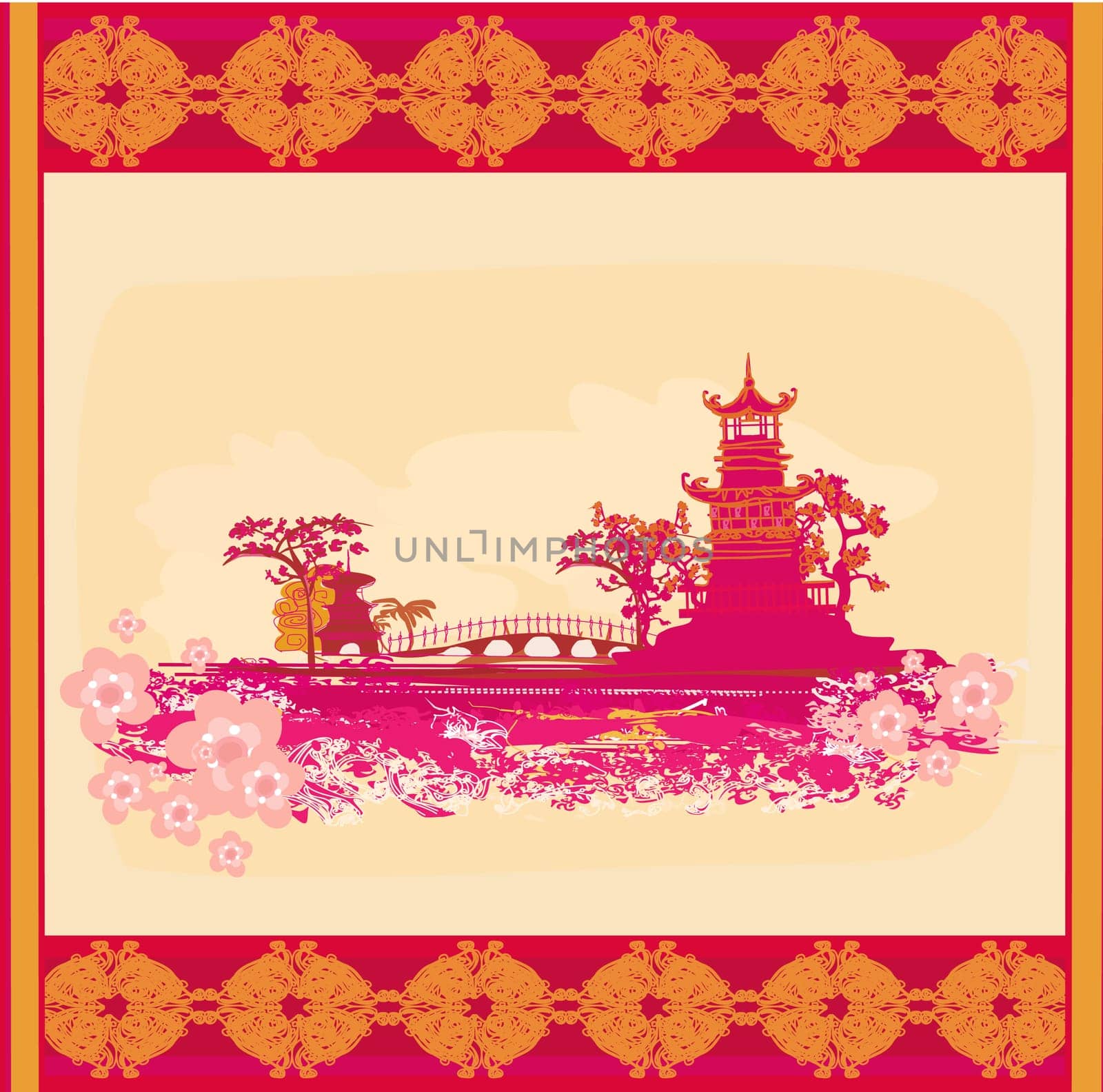 old paper with Japanese temple on abstract Asian Landscape