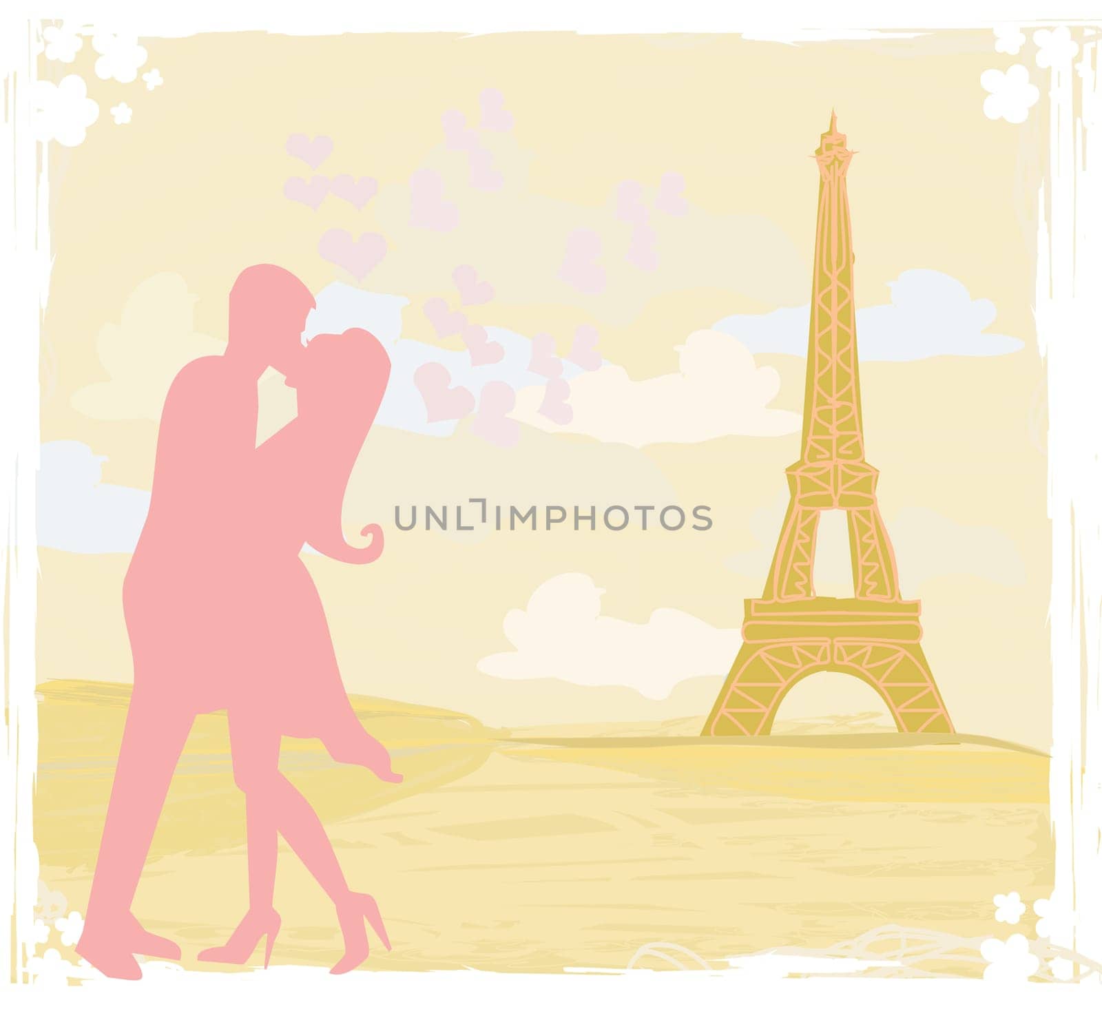 Romantic couple silhouette in Paris kissing near the Eiffel Tower Retro card