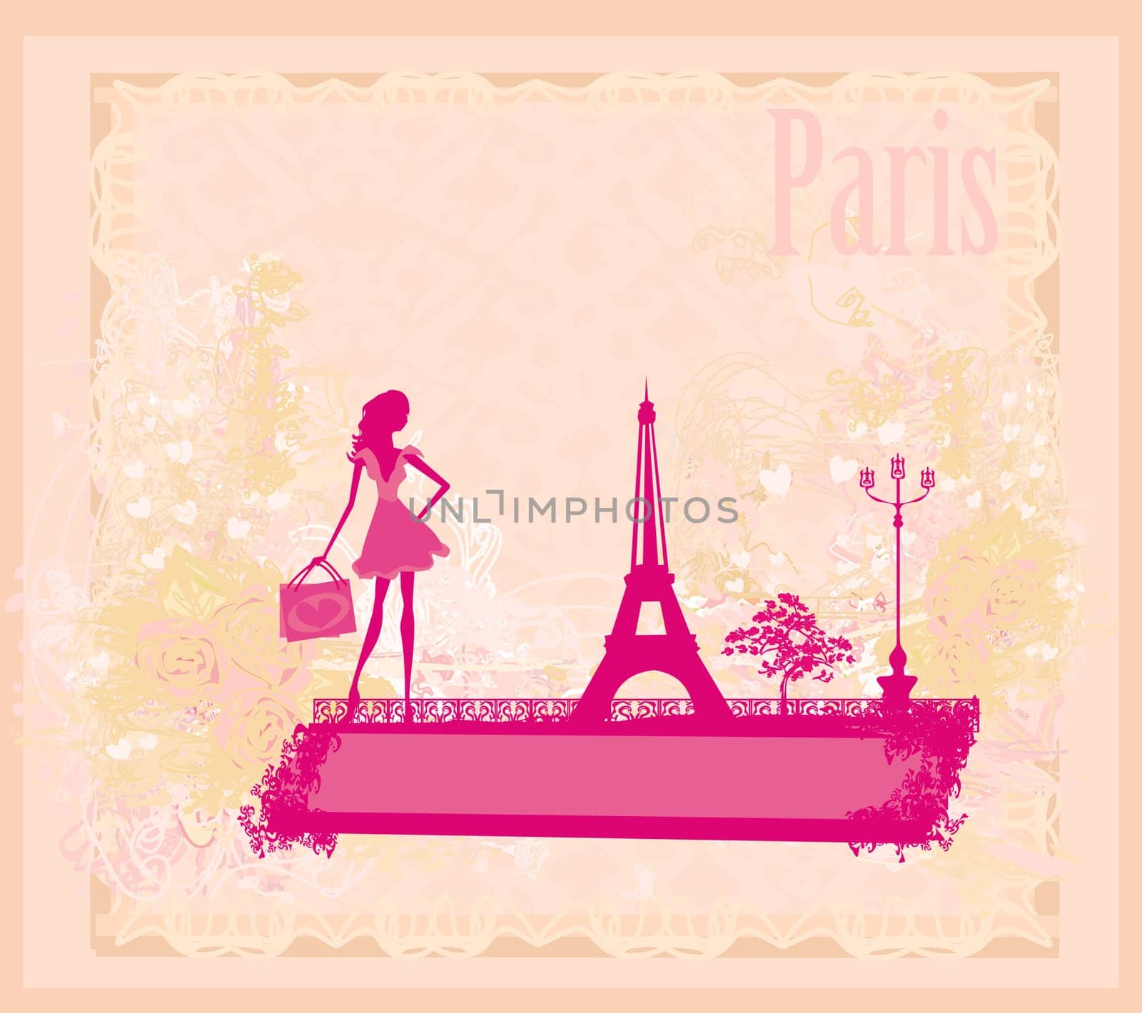 beautiful women silhouette Shopping in Paris - vector card