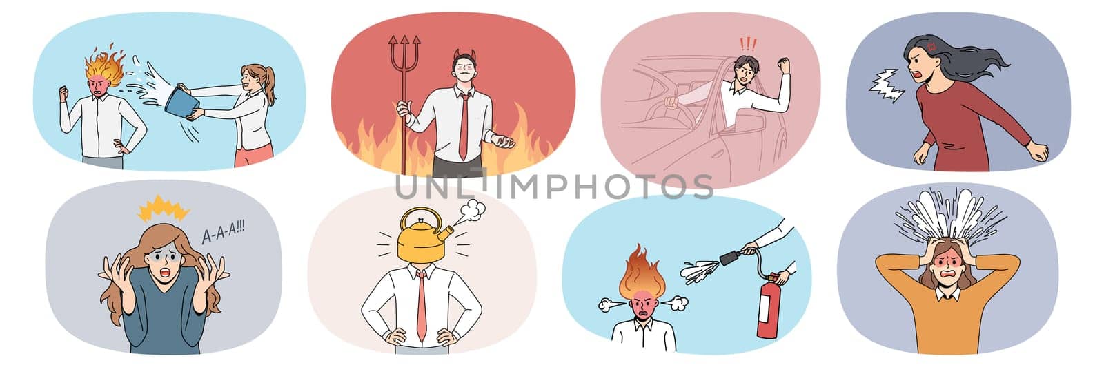 Collection of furious people scream and yell