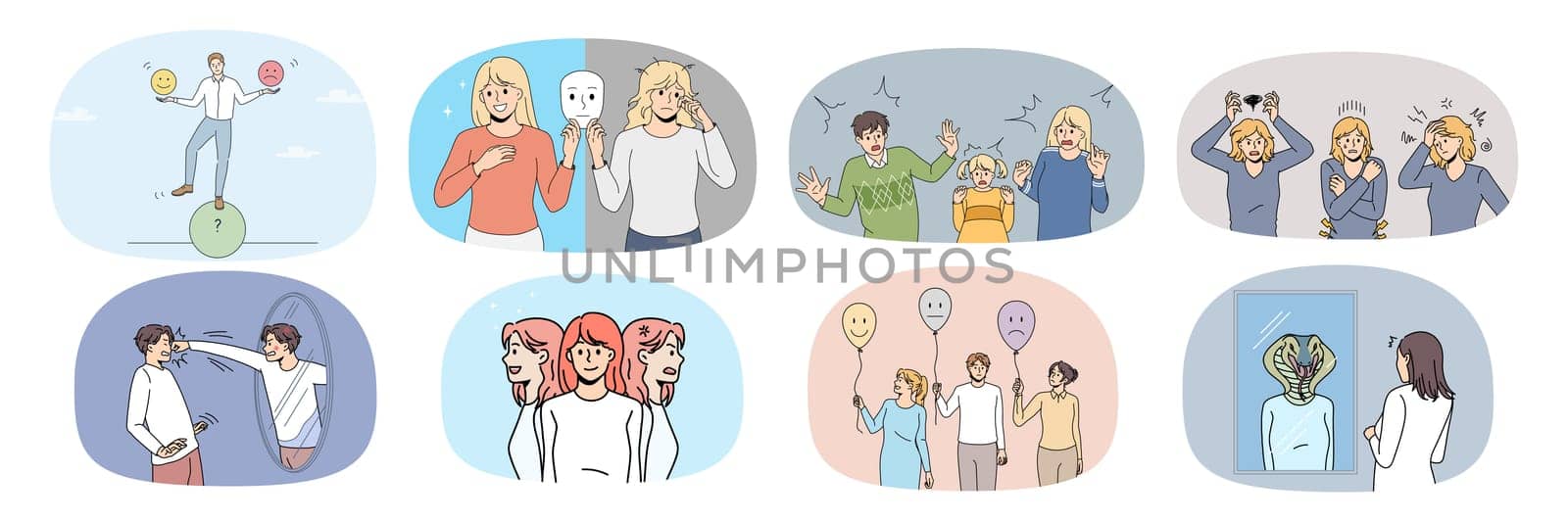 Collection of unhealthy people feel stressed have schizophrenia or mental psychological problems. Set of distressed men and women suffer from bipolar or personality disorder. Vector illustration.