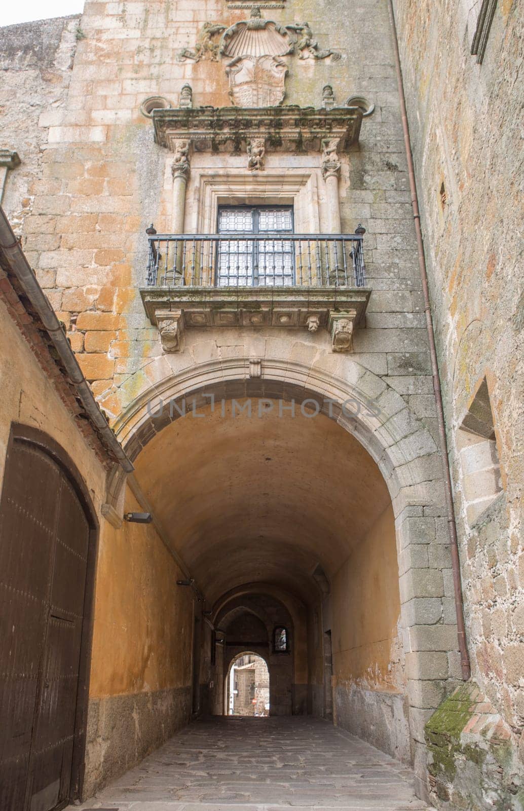 Marquis of Mirabel Palace plateresque balcony, Plasencia, Spain. Medieval street at Old town