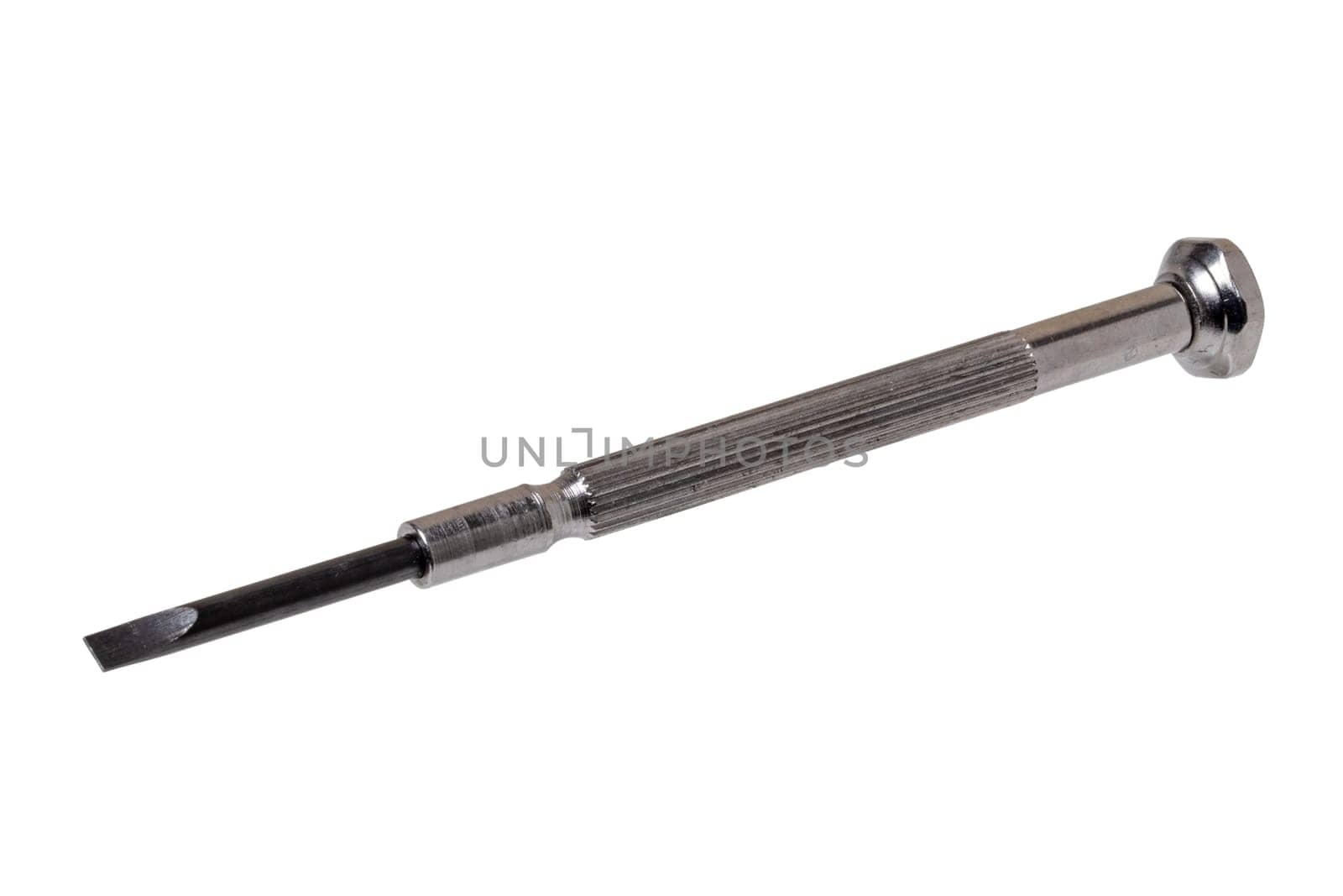 Closeup of a small metal screwdriver for performing work on installed small screws isolated on a white background. Clipping path. Macro.