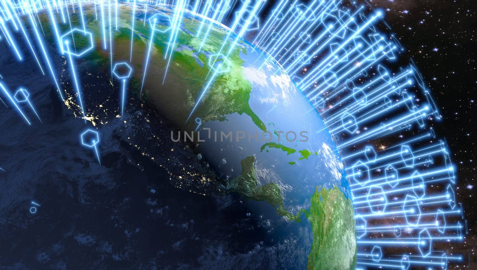Global telecommunication network of communication and internet around the planet Earth. 3D render. Elements of this image furnished by NASA.