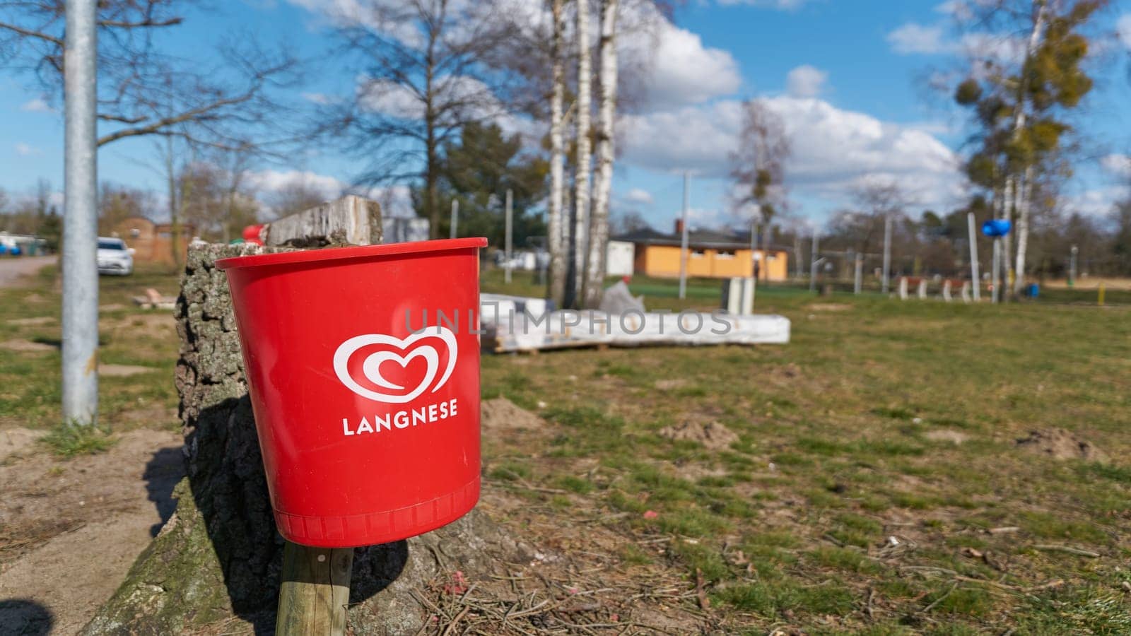Langnese company wastebasket in front of a snack bar at a campsite in Plötzky in Germany