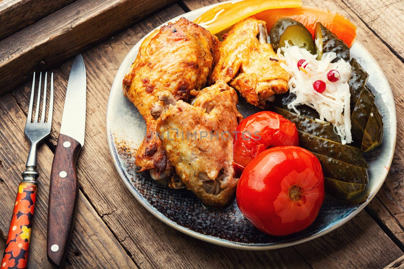 Chicken meat marinated in ginger sauce, garnish of pickles. English food