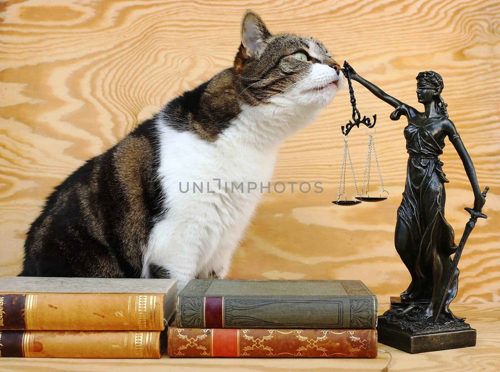 The rights of animals. A cat and a Justitia figure with books on a wooden background