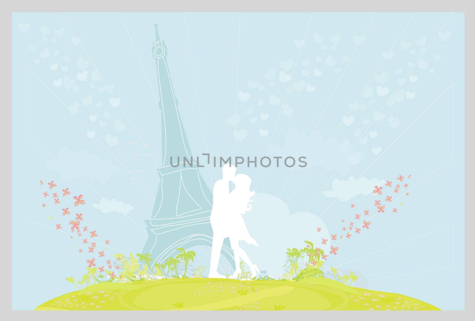 Romantic couple silhouette in Paris kissing near the Eiffel Tower.