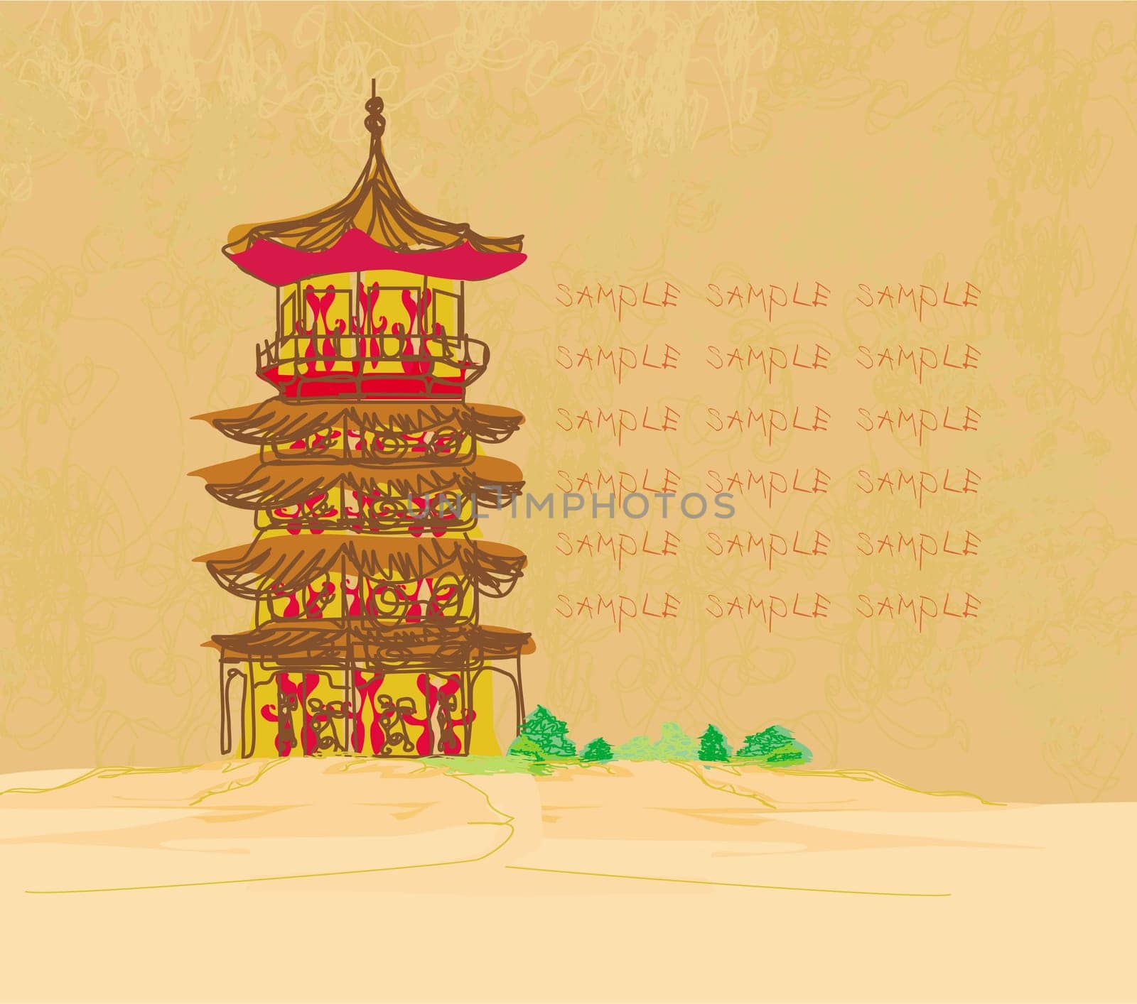 old paper with Chinese temple on abstract Asian Landscape