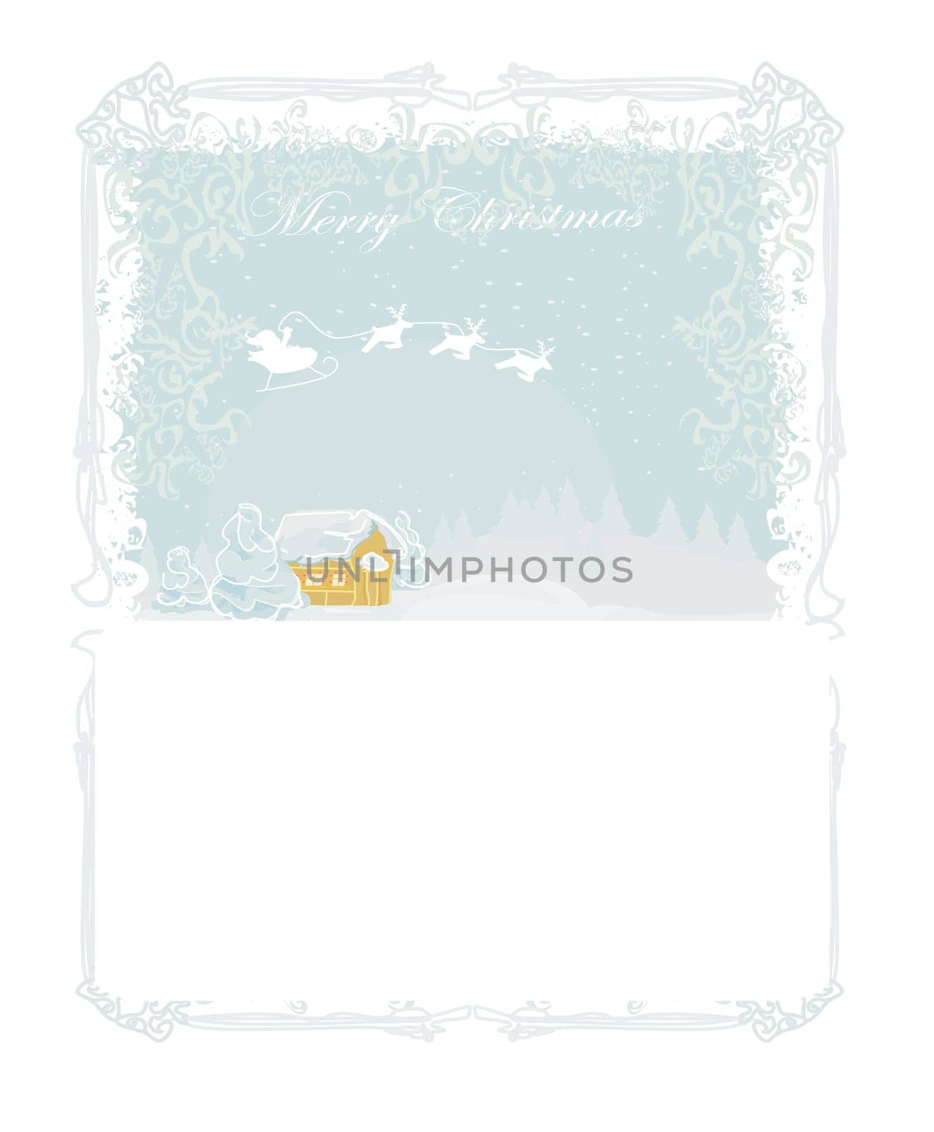 Happy New year card with Santa and winter landscape