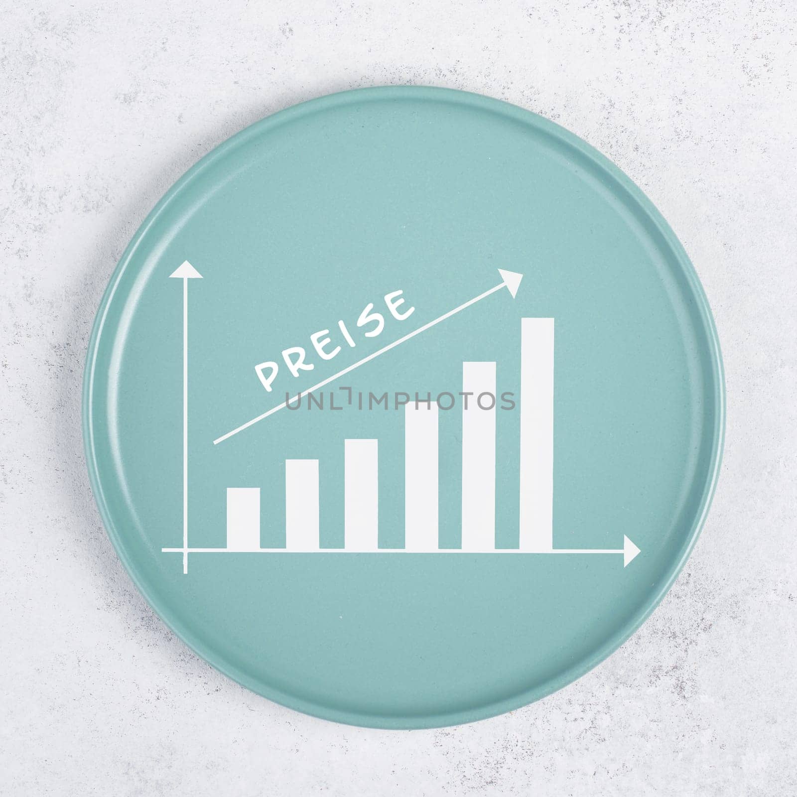Global increasing prices for food, german language, high living expenses, shortage of groceries, inflation of the Dollar and Euro, empty plate with a graph