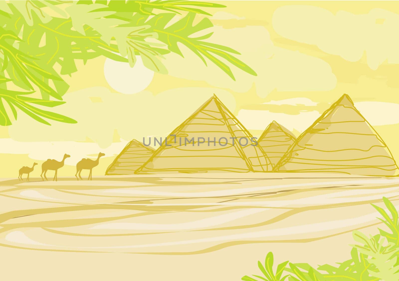 pyramids giza and camels silhouette vector landscape
