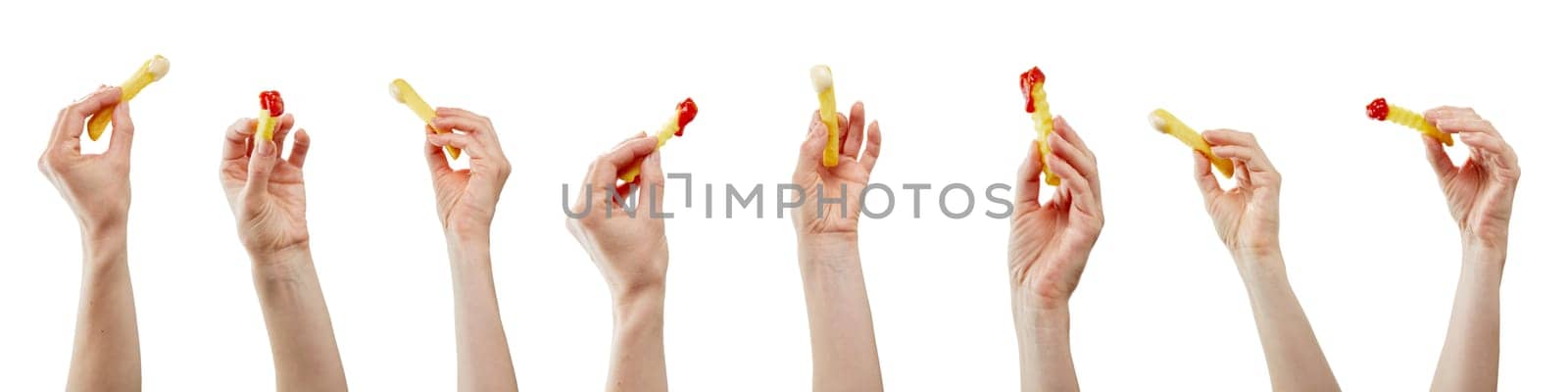 Hands holding various chips, pommes, or french fries on isolated white background as construction material for bbq or fast food shop advertising