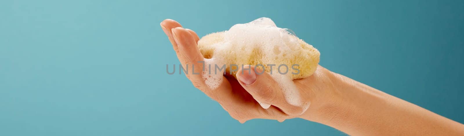 Hand of anonymous person showing a small sponge on blue background for wellness and skin care concepts with blue background