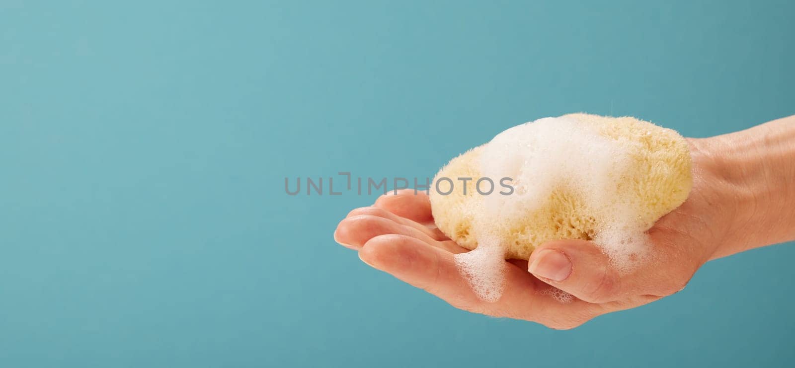 Hand of anonymous person showing a sponge with foam on turquoise background