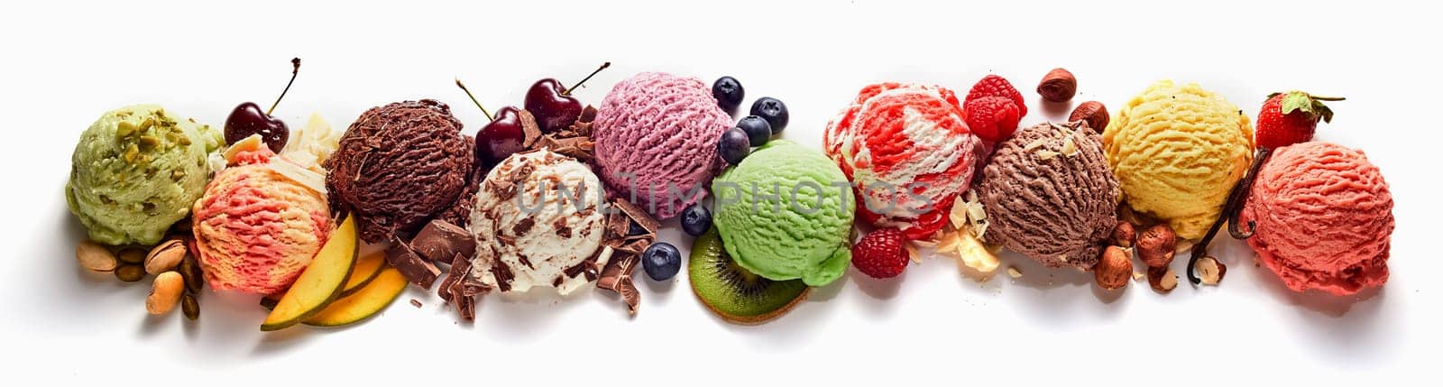 Top view of yummy multicolored ice cream balls with berries and nuts and fruits arranged in row on white background