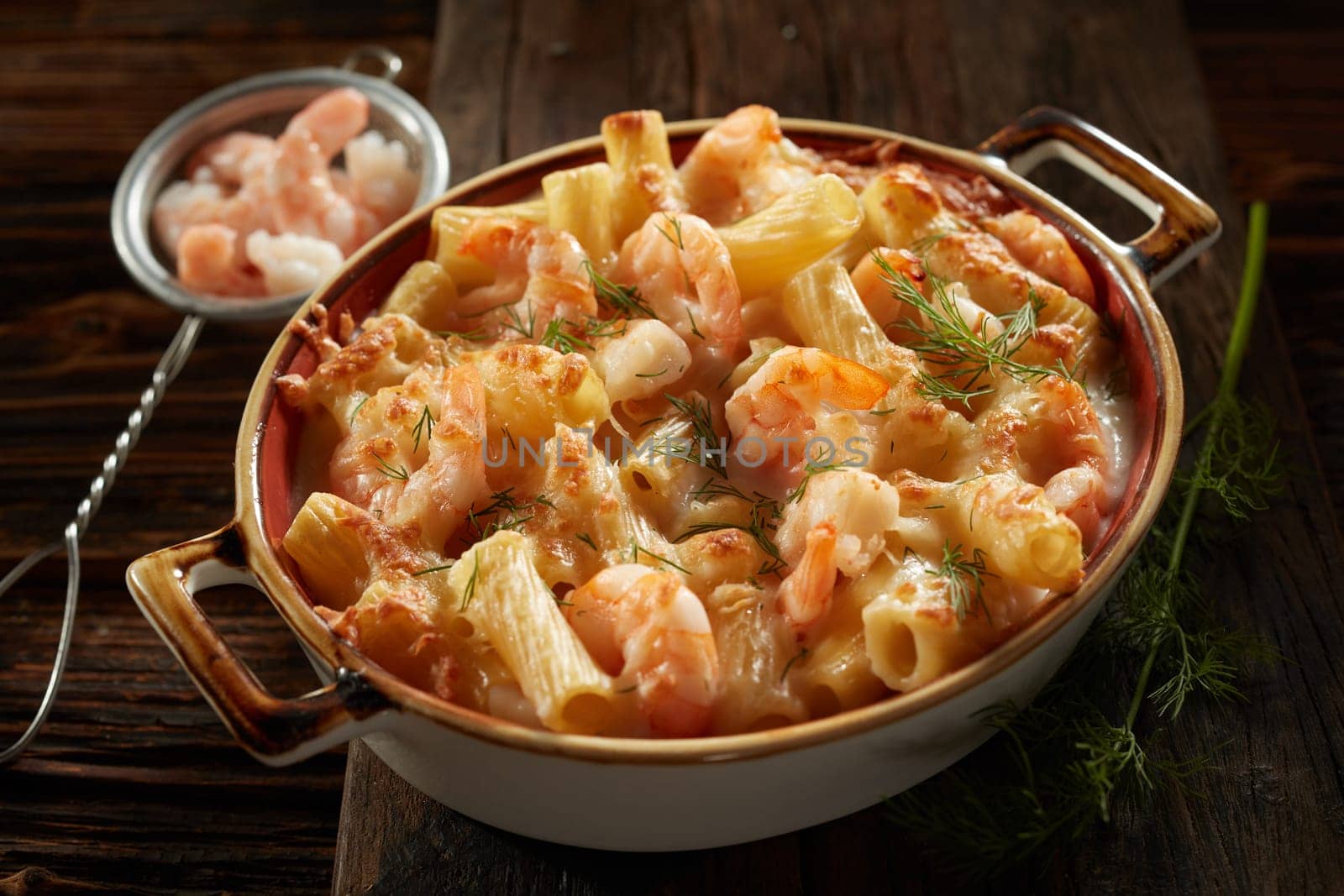 High angle of yummy rigatoni pasta with shrimps and cheese prepared in saucepan and decorated with herbs served on wooden table in kitchen