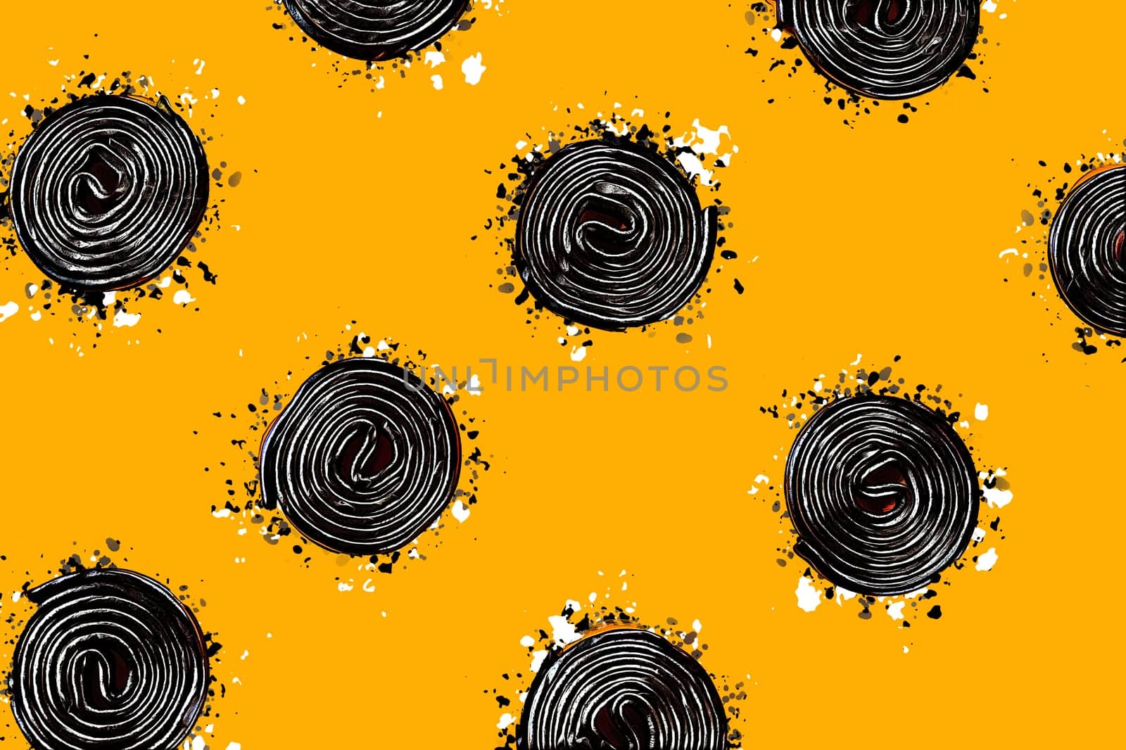 Full frame seamless pattern of sweet spiral liquorice candies on bright yellow background