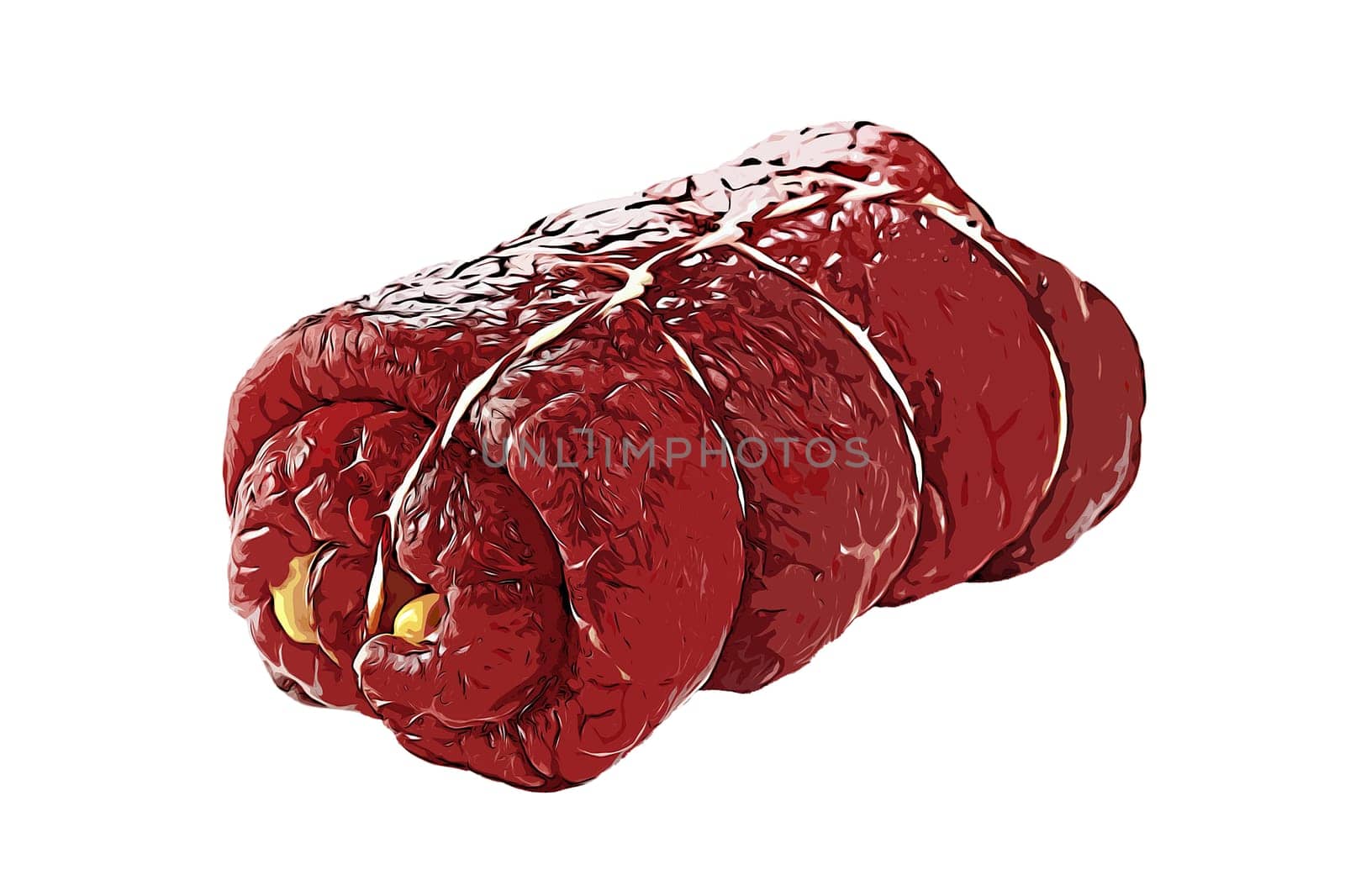 Picture of uncooked meat roll tied with thread for barbecue on white background
