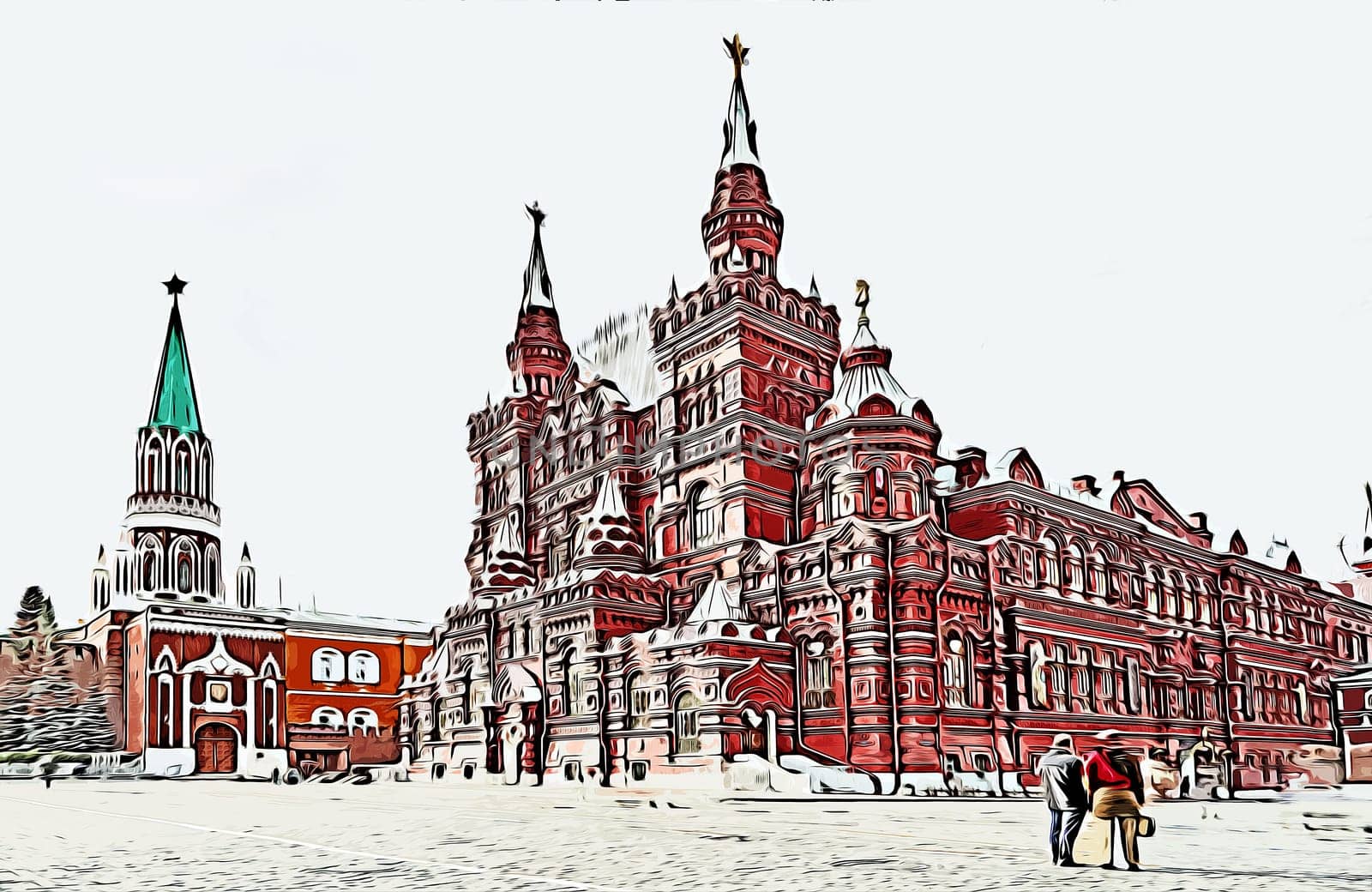 Facade of aged museum of Russian history with high spires located on Red Square in Moscow