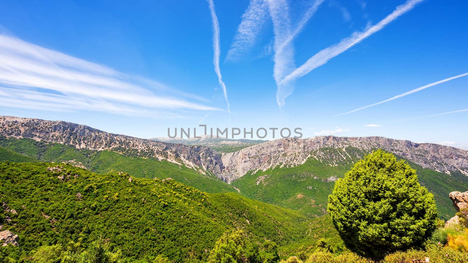 Mountain massif of the "Supramonte"". The “Gorropu” Gorge on a splendid spring day. Unspoiled nature."