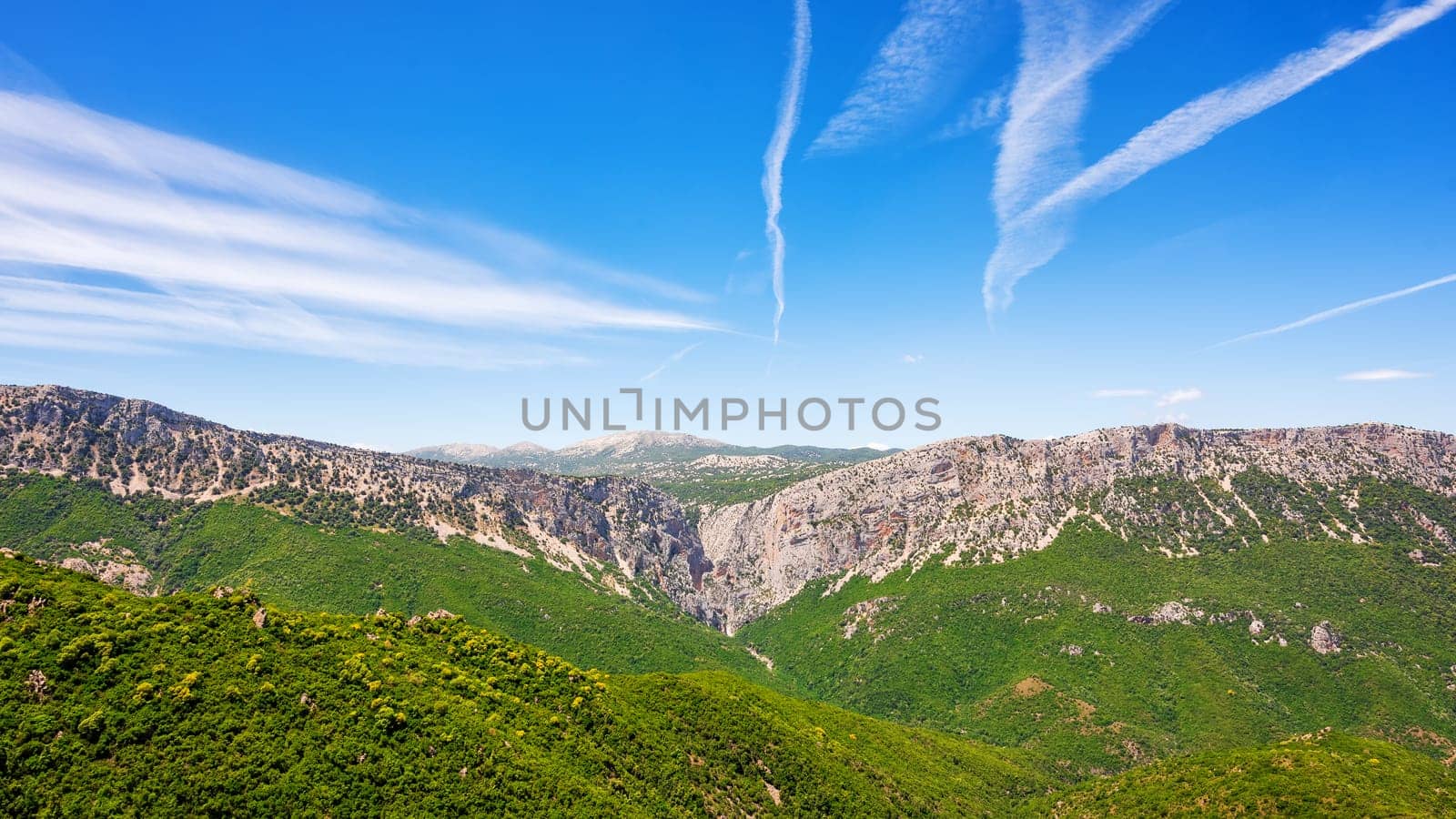 Mountain massif of the "Supramonte"". The “Gorropu” Gorge on a splendid spring day. Unspoiled nature."
