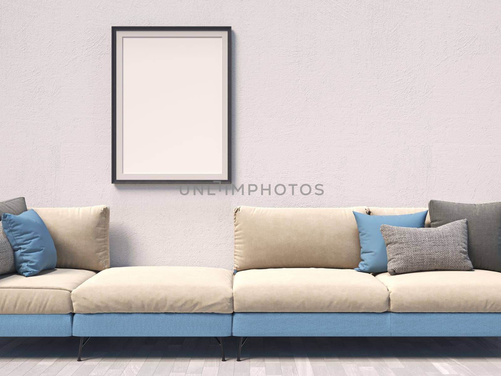 Mock up poster frames with blue sofa in modern interior background 3D render 3D illustration