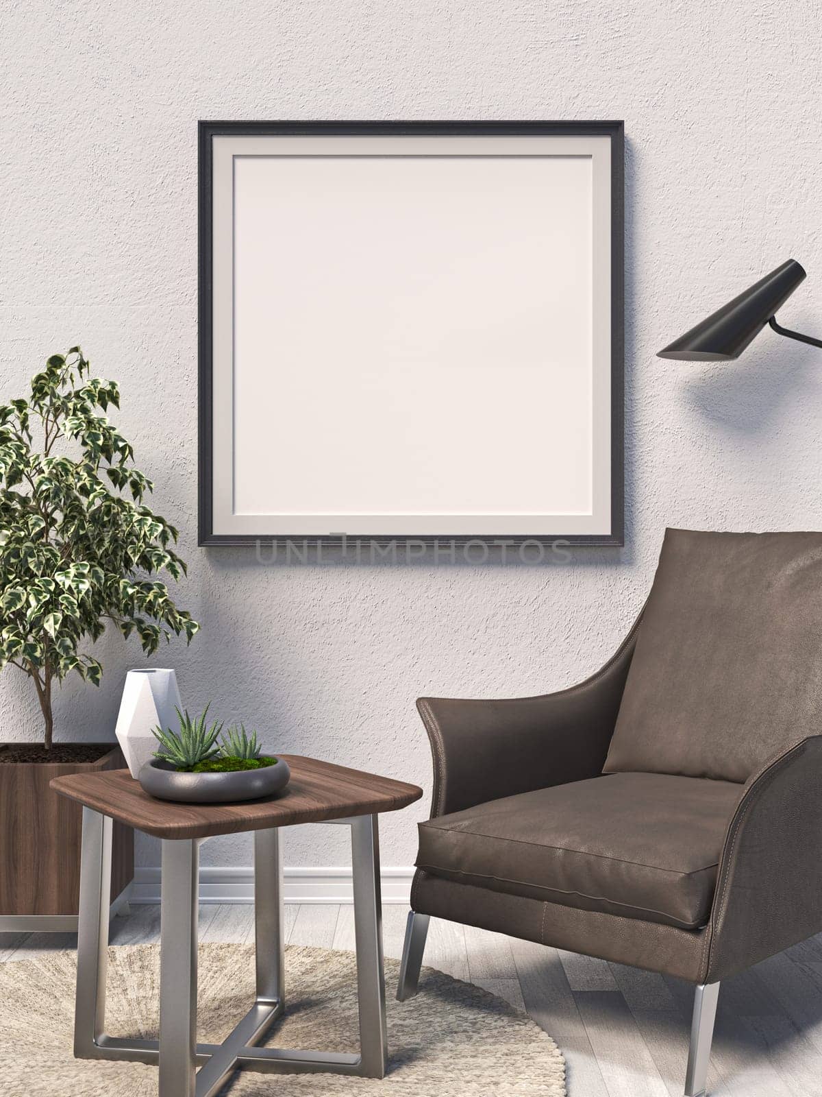 Mock up poster frames with leather armchair in modern interior background 3D render 3D illustration