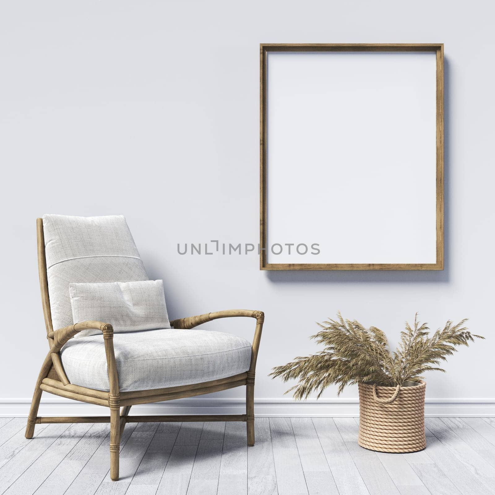 Mock up poster frames with single armchair and dried plant in modern interior background 3D render 3D illustration