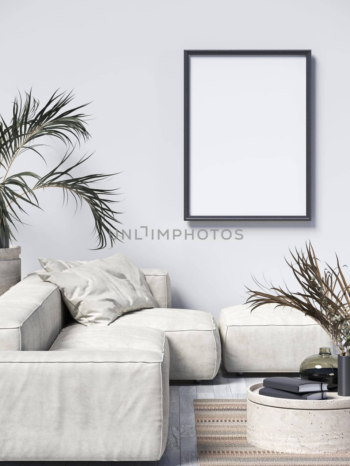 Mock up poster frame with indoor plants and sketchbooks in modern interior background 3D render 3D illustration