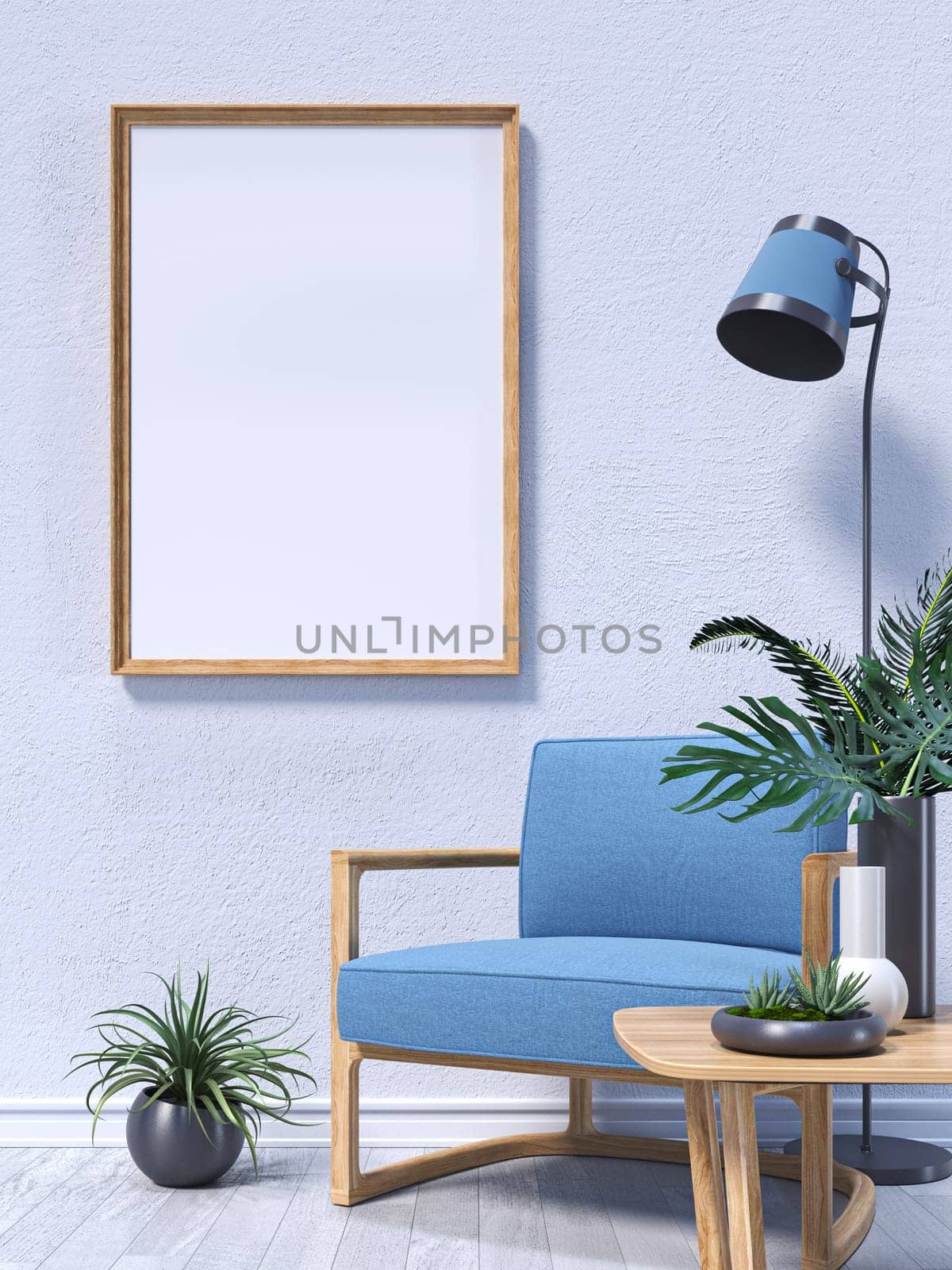 Mock up poster frames with two plants and reading lamp in modern interior background 3D render 3D illustration