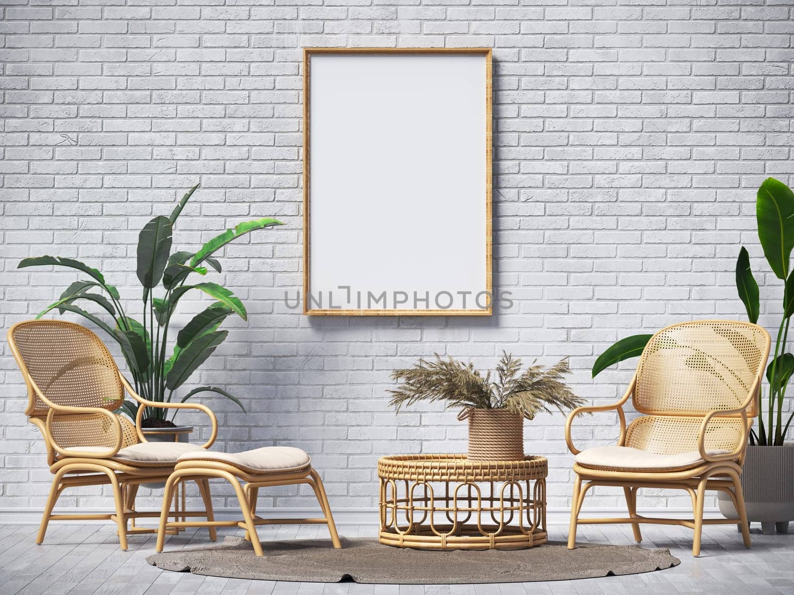 Mock up poster frames with two rattan armchairs  in modern interior background 3D render 3D illustration