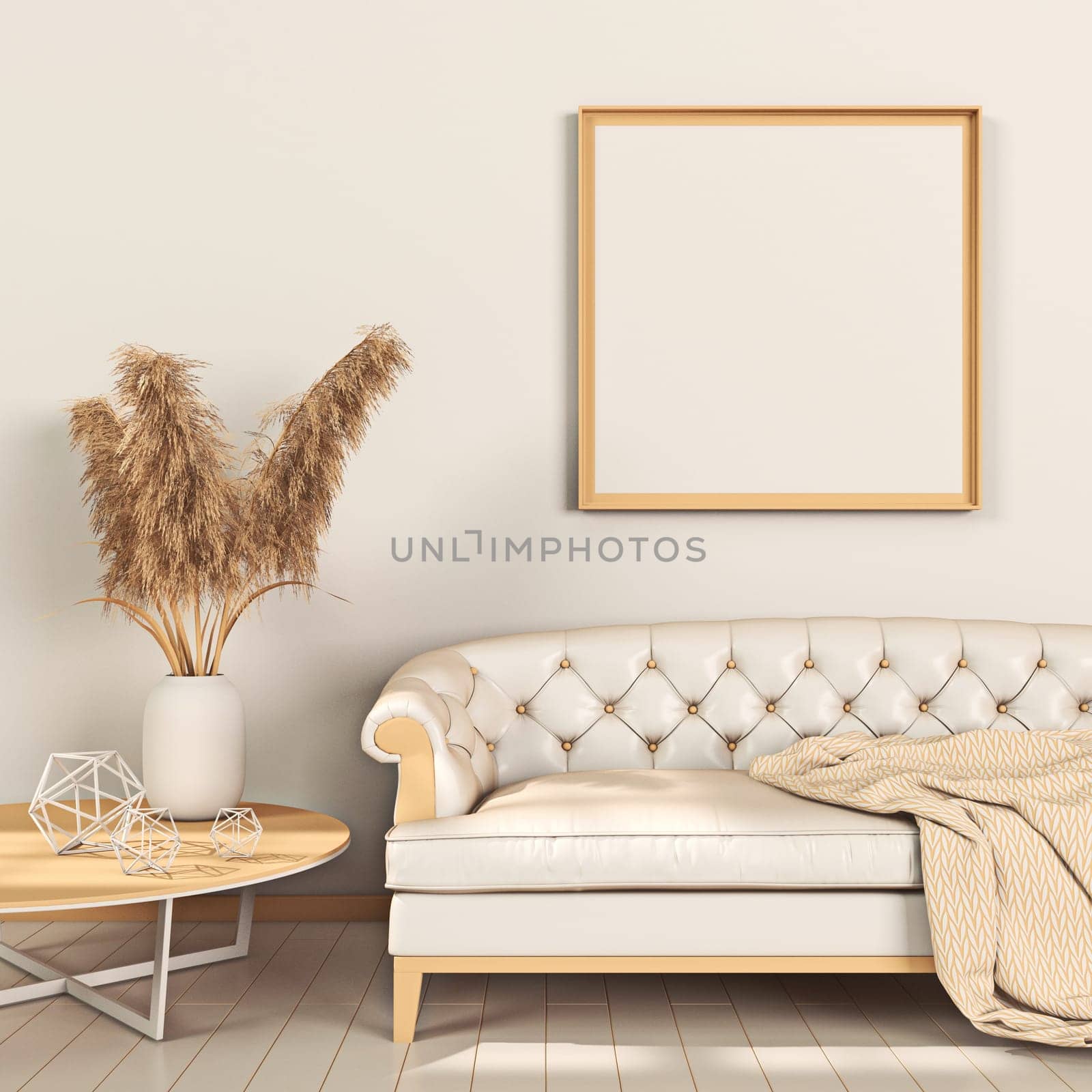 Mock up poster frames with dried plants and sofa in modern interior background 3D render 3D illustration