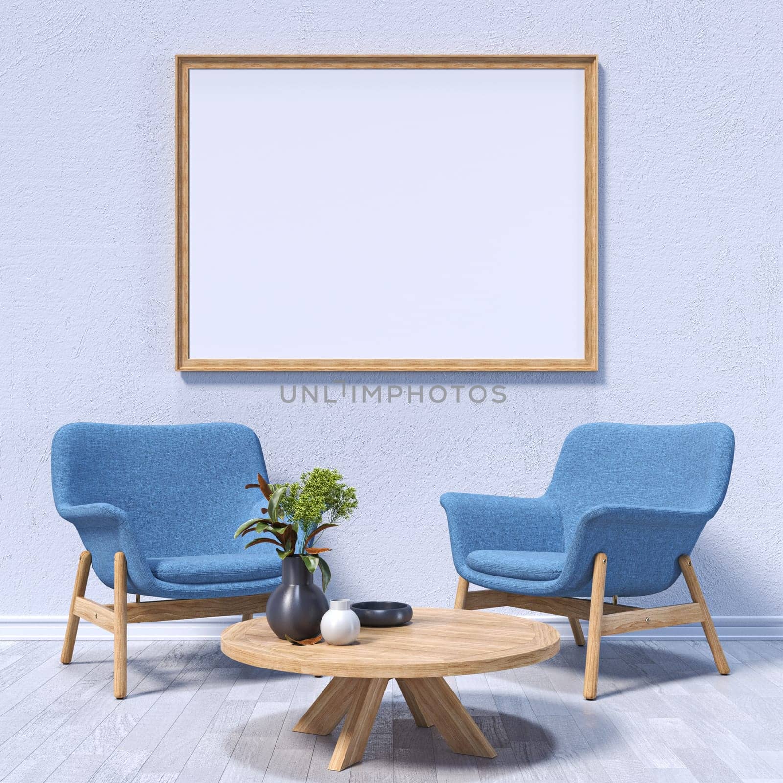 Mock up poster frames with two fabric armchairs in modern interior background 3D render 3D illustration