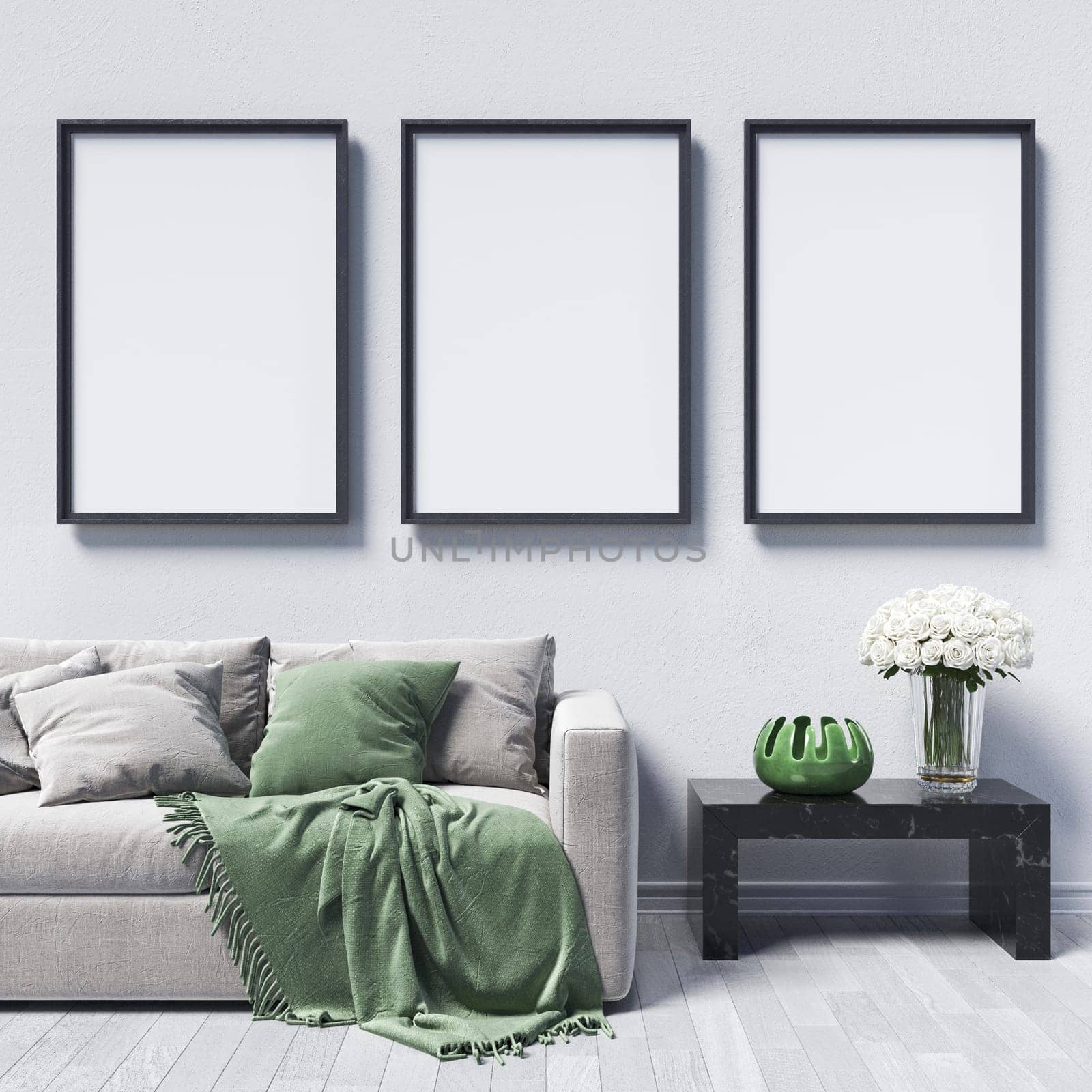 Three mock up poster frames with green vase  in modern interior background 3D render 3D illustration
