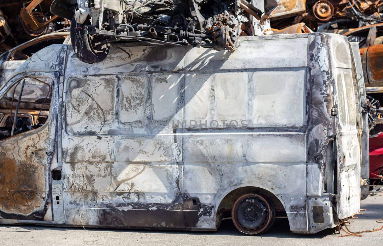 Auto in Irpen. Kyiv region, Ukraine. Russia Ukraine war. Cemetery of cars in Irpin, the consequences of the invasion of the Russian army in Ukraine. Destroyed cars of the civilian population