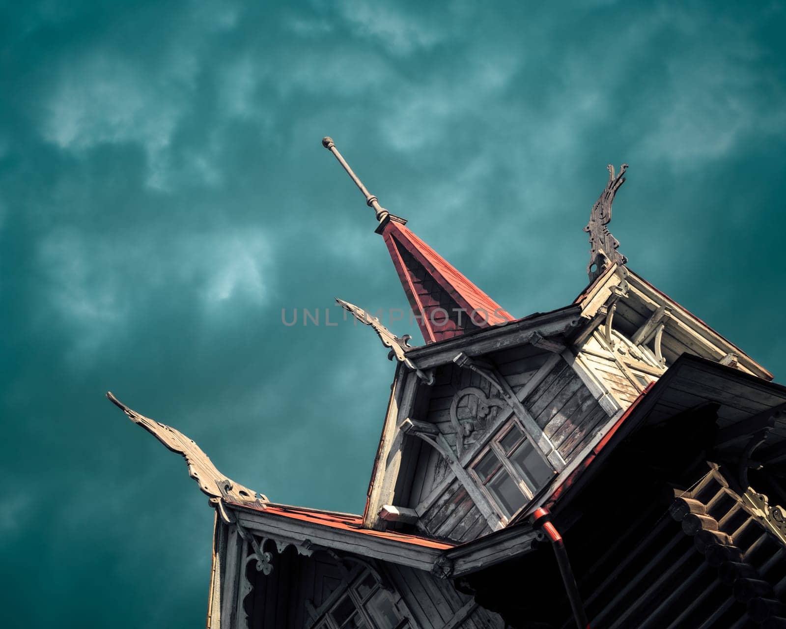 1st of June 2022, Russia , Tomsk, The old wooden building in Russia Tomsk on the sky background