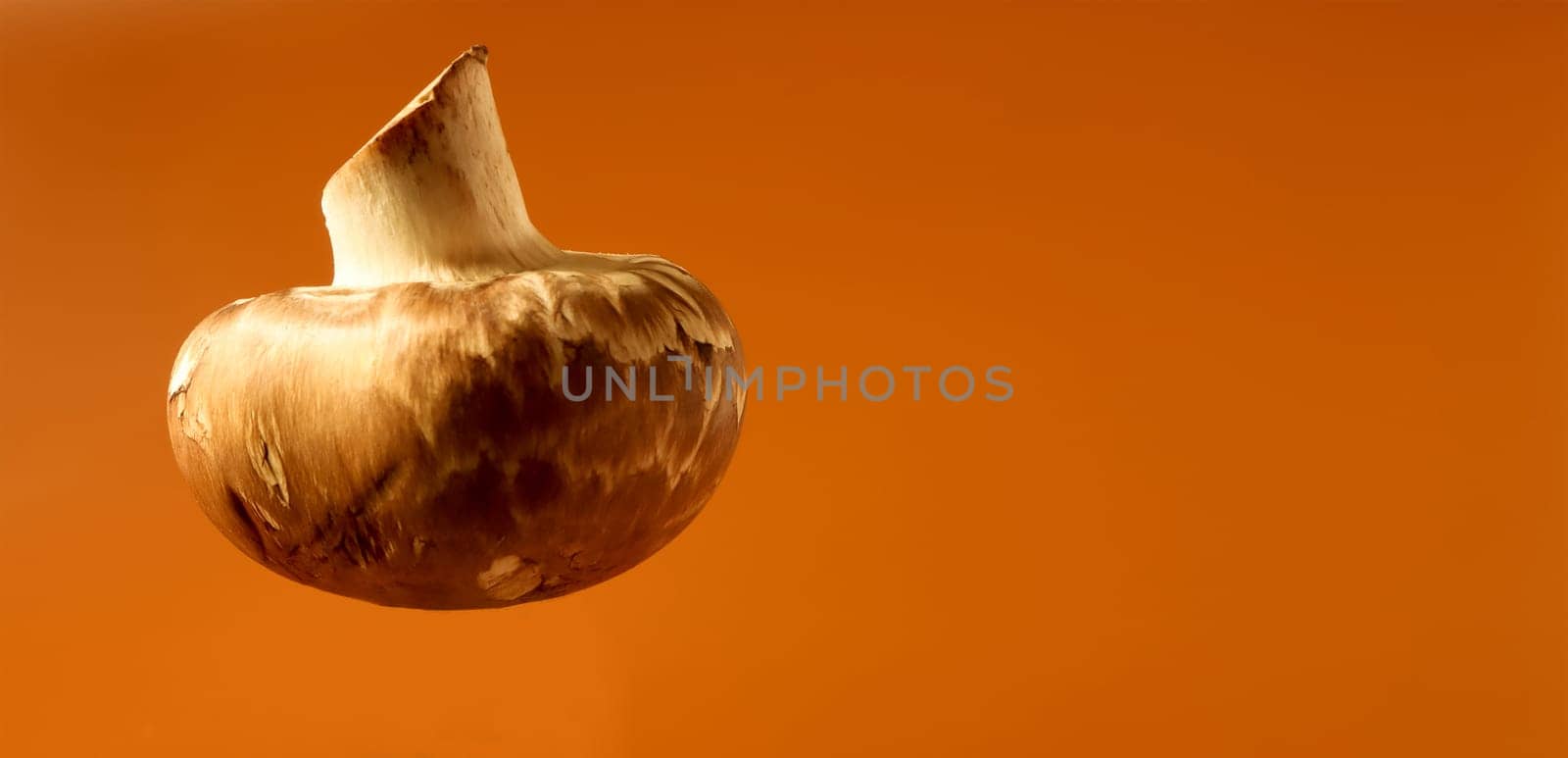 One fresh mushroom on a brown background. Champignon royal large brown unpeeled. Juicy mushroom. Raw material for cooking vegan food. Banner with copy space
