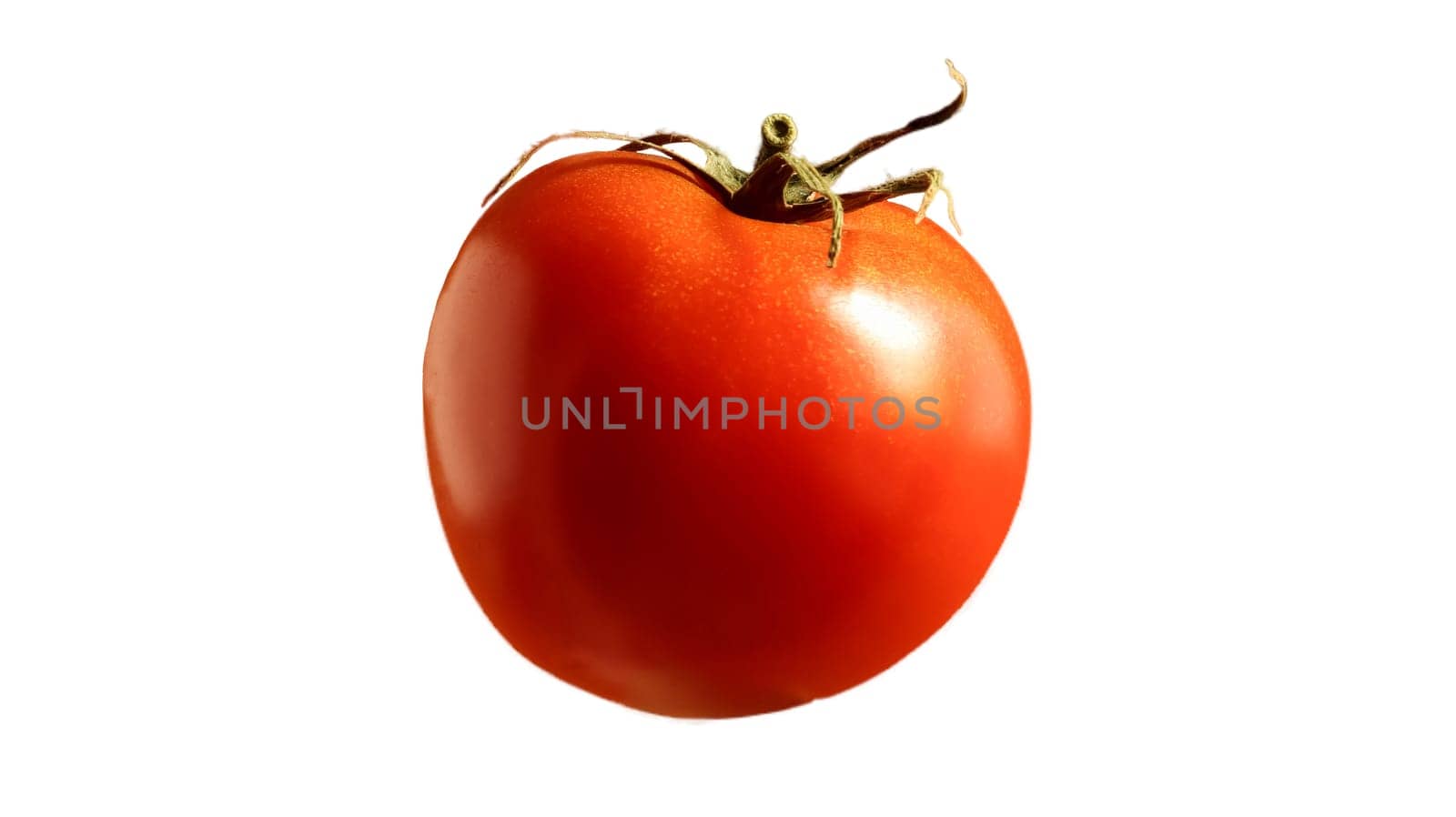 One fresh tasty red tomato. Juicy multi-celled berry. An annual or perennial herb. Vegetable culture. Juicy tomato with a green stem on a white background