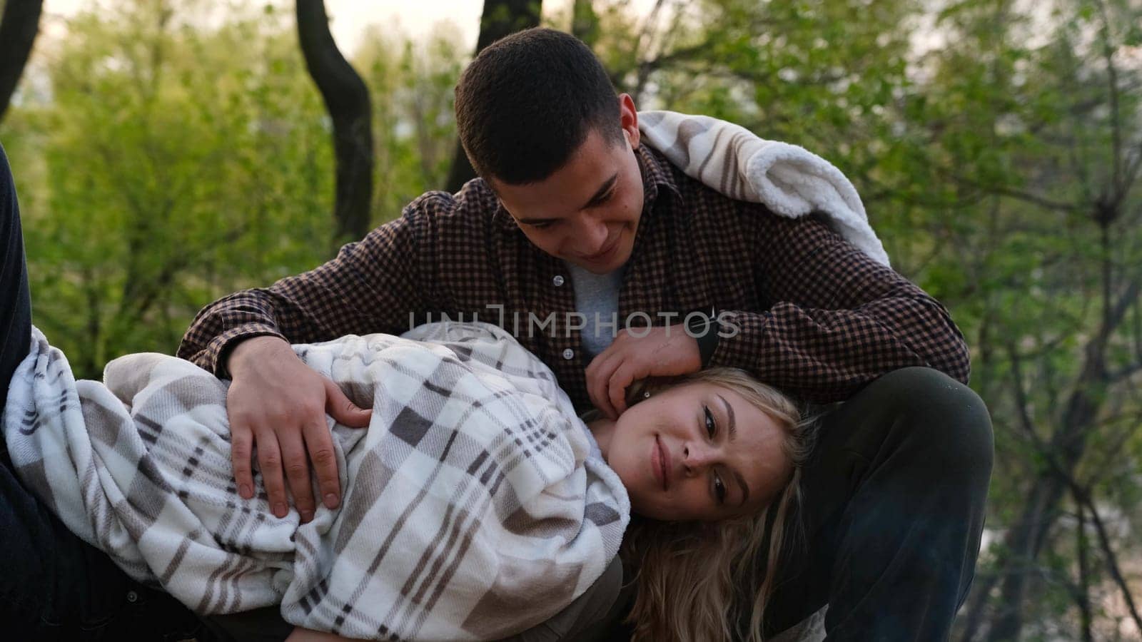 Close up couple in love with focus on girl. Portrait of smiling woman touched stroked by male hand. Tender relationship loving people. Family, dating, declaration of love concep