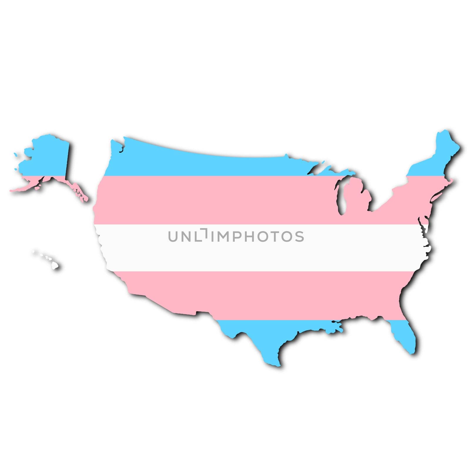 Transsexual rainbow United States of America map on white background with clipping path 3d illustration