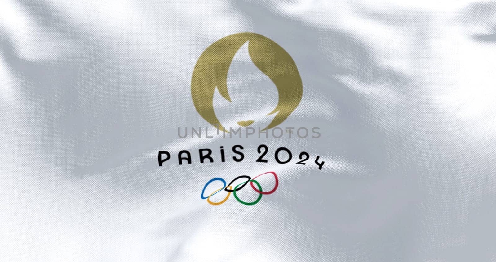 Tokyo, Japan, July 2021: Paris 2024 olympic flag waving in the wind. Paris 2024 summer olympics games are scheduled to take place from 26 July to 11 August 2024 in Paris, France